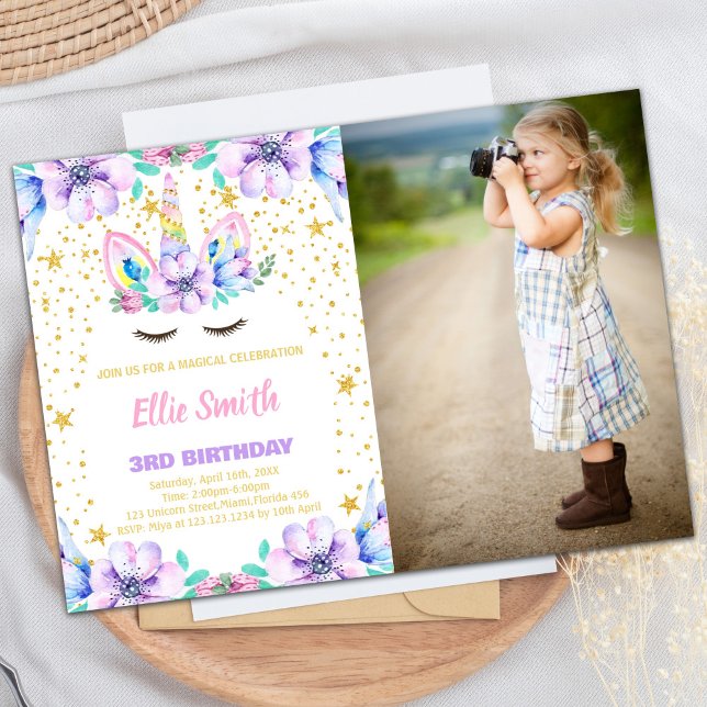 Floral Purple Unicorn Birthday Invitations w photo (Floral Purple Unicorn Birthday Invitations w photo)