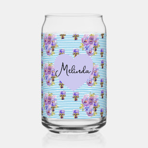 Floral Purple Viola Blue Lilac Pansy Womans Name Can Glass
