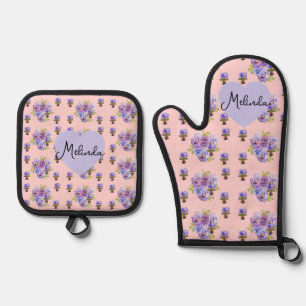 Floral Purple Viola Pastel Pink Pansy Womans Name Oven Mitt & Pot Holder Set