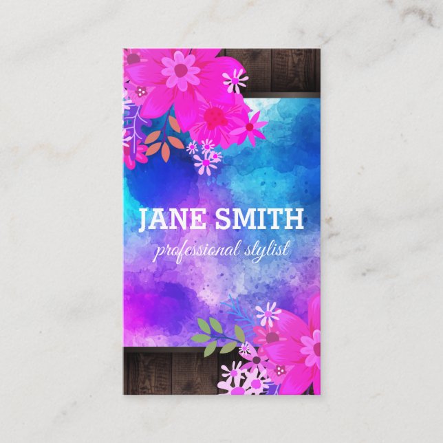Floral Purple Watercolor Bouquet Wood Rustic Business Card (Front)