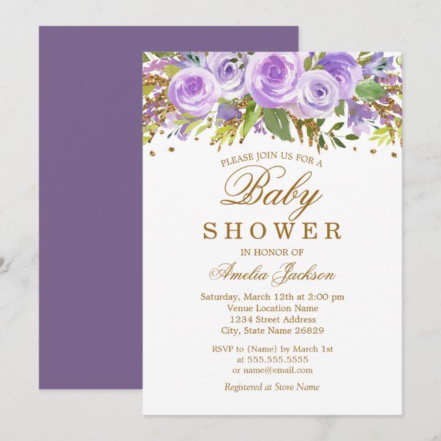 Floral Purple Watercolor Gold Baby Shower Invitation (Front/Back)