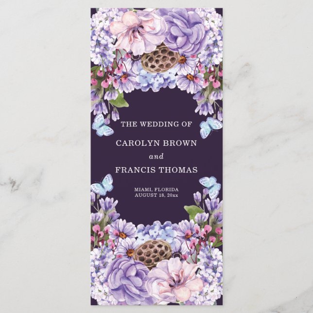 Floral Purple Watercolor Wedding Program Programme (Front)