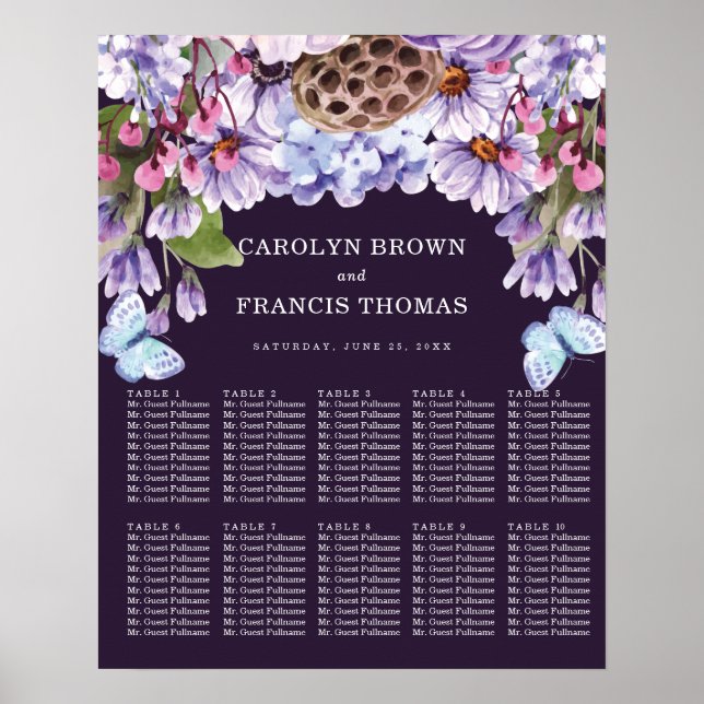 Floral Purple Watercolor Wedding | Seating Charts (Front)