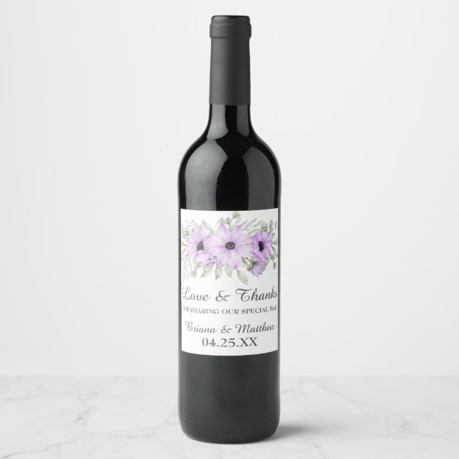 Floral Purple Wedding Favours Wine Label (Front)