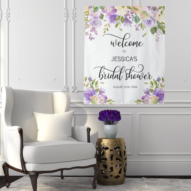Floral Purple Welcome Bridal Shower BACKDROP Tapestry (Creator Uploaded)