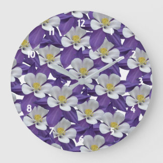 Floral Purple White Columbine Flower Pattern Large Clock