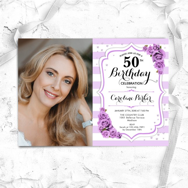 Floral Purple White Photo 50th Birthday Invitation (Creator Uploaded)