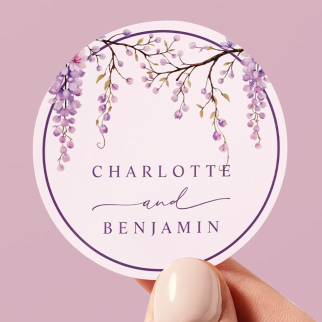 Floral Purple Wisteria Branches Wedding Classic Round Sticker (Creator Uploaded)