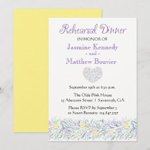 Floral Purple Yellow Rehearsal Dinner Flower Heart Invitation