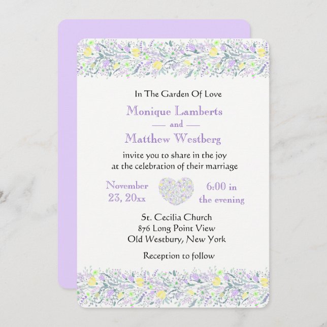 Floral Purple & Yellow Wedding Flowers & Hearts Invitation (Front/Back)