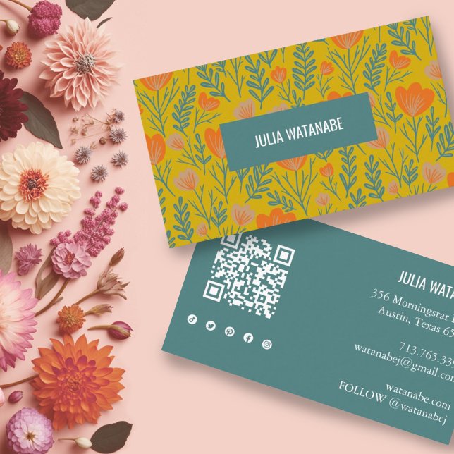 Floral QR Code Social Media Gold Green Chic Business Card (Pretty floral pattern business card with QR code and social media icons in gold and green)