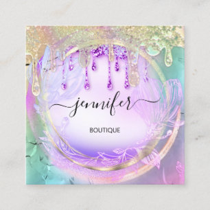 Floral QRCode Acrilic Nails Drips Holograph Square Business Card