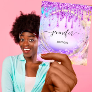 Floral QRCode Professional Shop Drips Purple Square Business Card