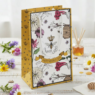 Floral Queen Bee and Gold Crown Photo  Small Gift Bag