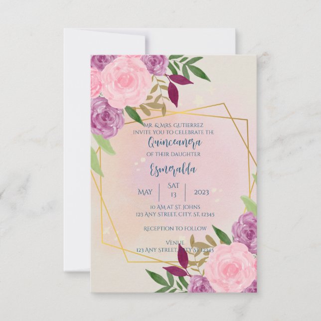 Floral Quinceañera, Birthday, Wedding, Baby Shower Invitation (Front)