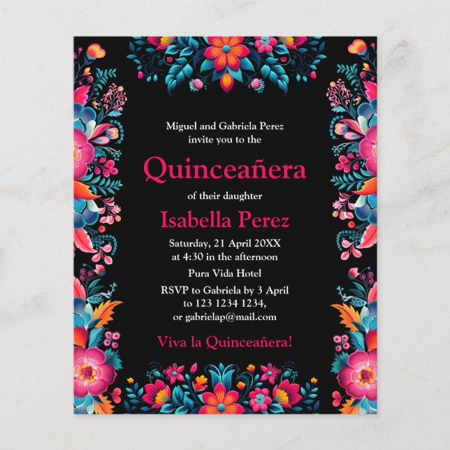 Floral Quinceanera Black Mexican Fiesta Birthday Flyer (Front)
