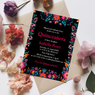 Floral Quinceanera Black Mexican Fiesta Birthday Invitation