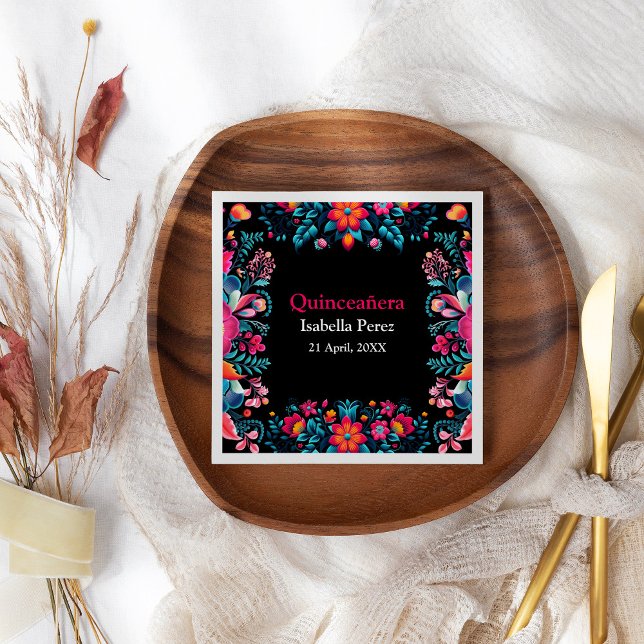 Floral Quinceanera Black Mexican Fiesta Birthday Napkin (Floral Quinceanera Black Mexican Fiesta Birthday Napkins on a boho floral table.)