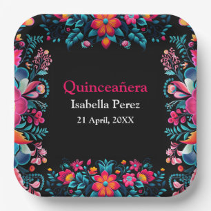 Floral Quinceanera Black Mexican Fiesta Birthday Paper Plate