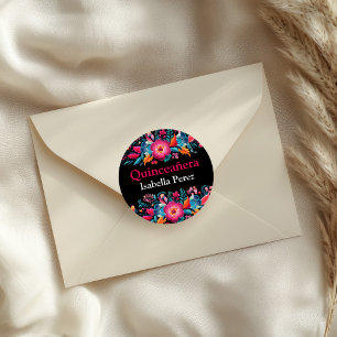 Floral Quinceanera Black Mexican Fiesta Classic Round Sticker