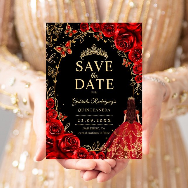 Floral Quinceanera Black Red Gold Save The Date (Creator Uploaded)