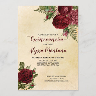 Floral Quinceanera Burgundy Red Roses on Vintage Invitation