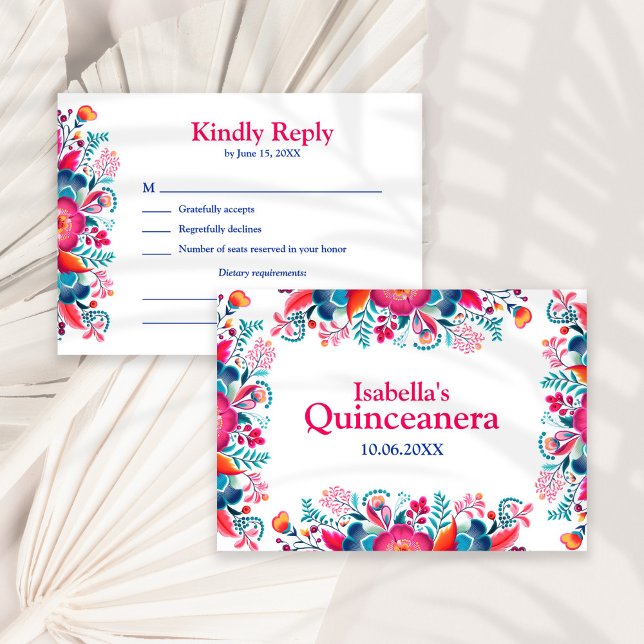 Floral Quinceanera Fiesta Mexicana RSVP Card (Floral Quinceanera Fiesta Mexicana RSVP Card on a white sunny dry palm leaf.)