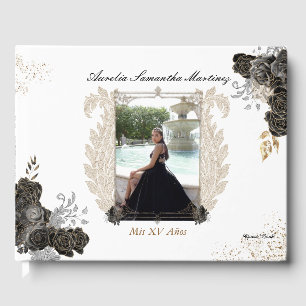 Floral Quinceañera Guest Book Black and Gold 