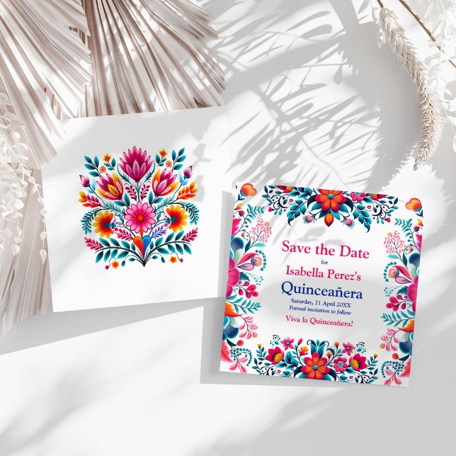 Floral Quinceanera Mexican Fiesta Save the Date Invitation (Floral Quinceanera Mexican Fiesta Save the Date Invitation on a sunny white table.)