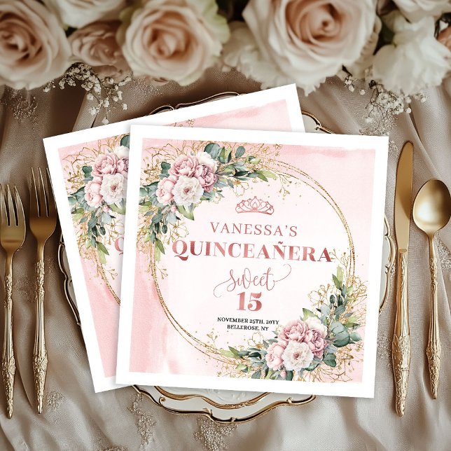Floral Quinceañera Napkins in Dusty Pink and Gold (Floral Quinceañera Napkins in Dusty Pink and Gold)