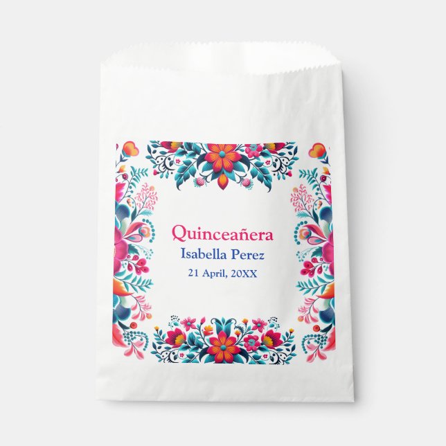 Floral Quinceanera White Mexican Fiesta Birthday Favour Bags (Front)