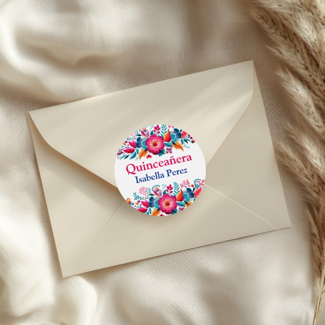 Floral Quinceanera White Mexican Fiesta  Classic Round Sticker (Floral Quinceanera White Mexican Fiesta Classic Round Sticker on an elegant envelope.)