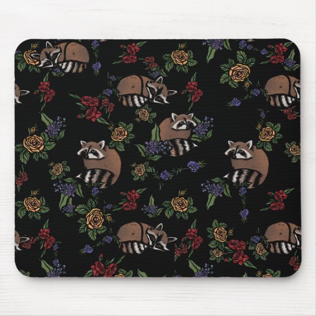 Floral Raccoons Cute Sleeping Racoon Pattern Mouse Pad (Front)
