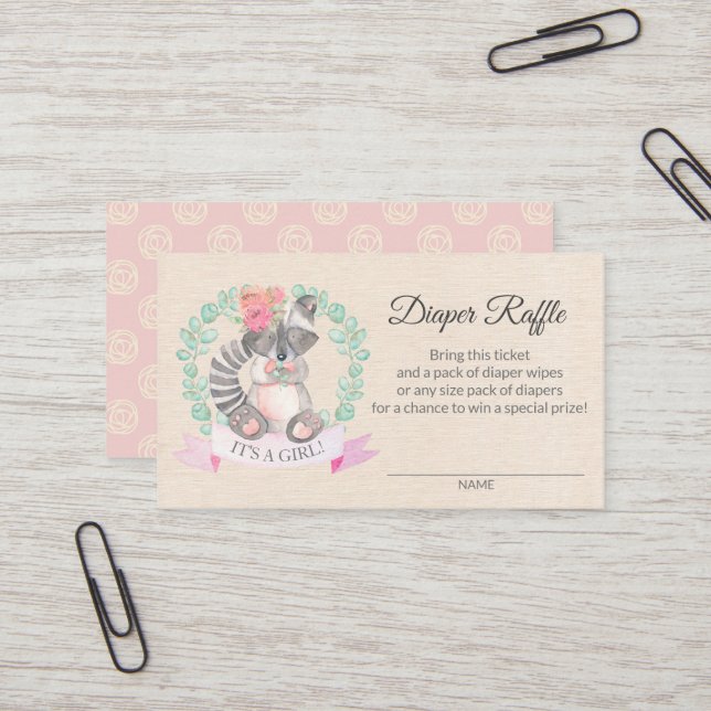 Floral Racoon Baby Shower Diaper Raffle Ticket (Front/Back In Situ)