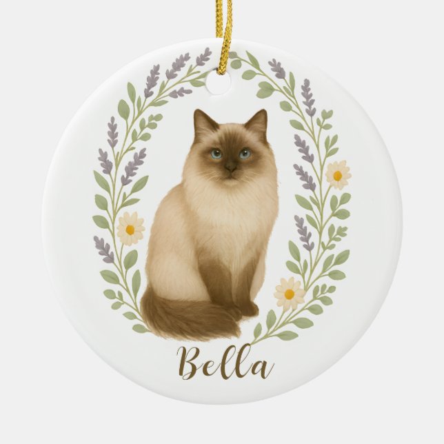 Floral Ragdoll Cat Frame Personalized Name Ceramic Tree Decoration (Front)