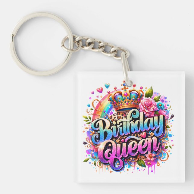 Floral Rainbow Birthday Queen Key Ring (Front)