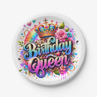 Floral Rainbow Birthday Queen Paper Plate