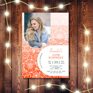 Floral Rainbow Orange Stripes Arch Photo Birthday  Invitation