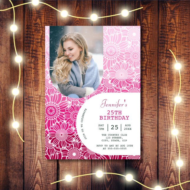 Floral Rainbow Pink Stripes Arch Photo Birthday  Invitation (Creator Uploaded)
