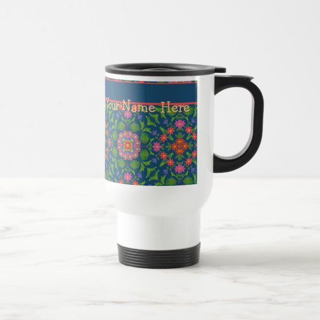 Floral Rangoli Deep Blue Travel Mug to Personalise (Right)