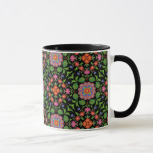 Floral Rangoli on Black Ringer Coffee Mug