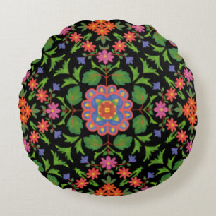 Floral Rangoli Pattern, Black Pillow or Cushion
