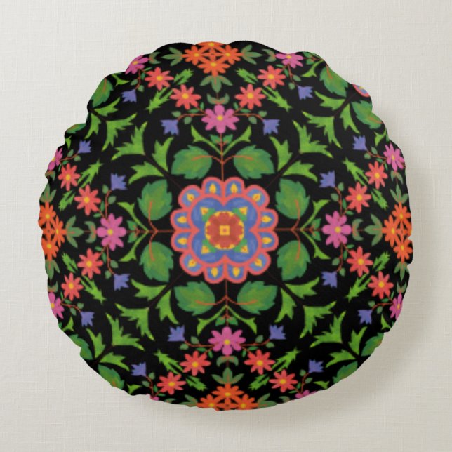 Floral Rangoli Pattern, Black Pillow or Cushion (Front)