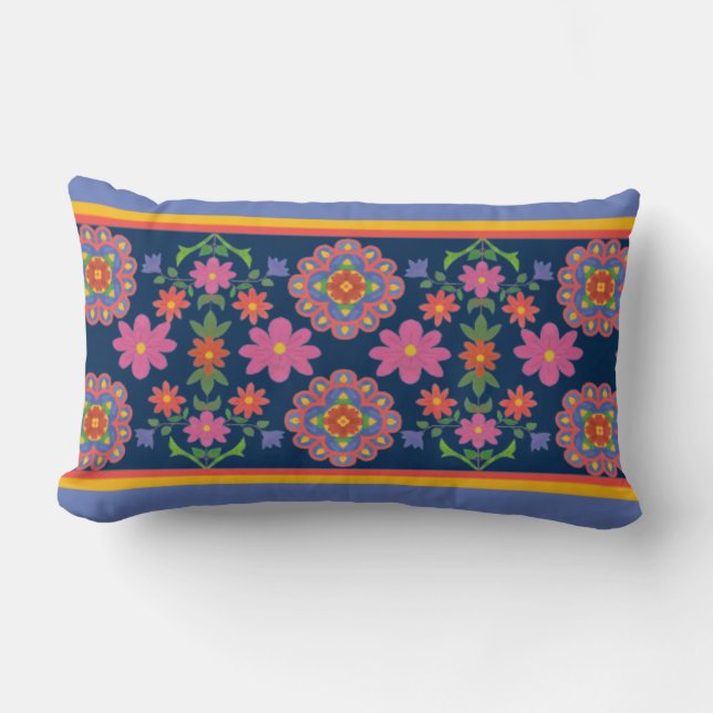 Floral Rangoli Pattern Border, Blue Lumbar Pillow (Front)