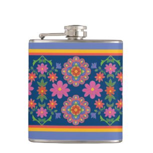 Floral Rangoli Pattern Border on Blue Hip Flask