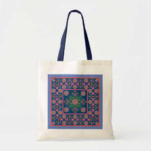Floral Rangoli Pattern Border on Blue: Tote Bag