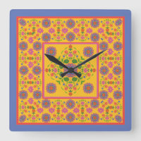 Floral Rangoli Pattern Border on Yellow Wall Clock