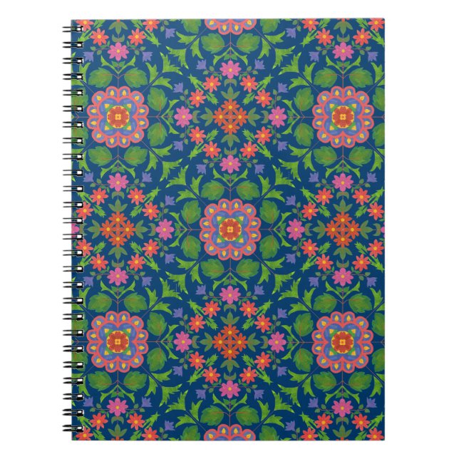 Floral Rangoli Pattern, Deep Blue Spiral Notebook (Front)