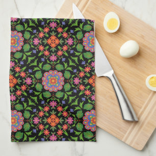 Floral Rangoli Pattern on Black Kitchen Towel