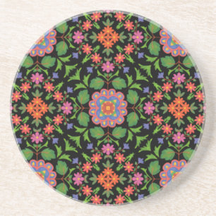 Floral Rangoli Pattern on Black Sandstone Coaster